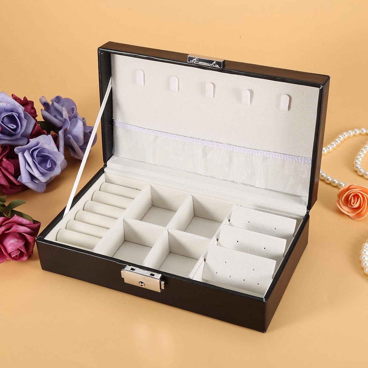 Cutie de bijuterii, Zola®, multicompatimentata, 21x12x6 cm, piele ecologica neagra Cutie de bijuterii, Zola®, multicompatimentata, 21x12x6 cm, piele ecologica neagra